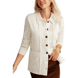 Women Knit White Button Down  Blazer Sweater Jacket Long Sleeve Pockets Casual